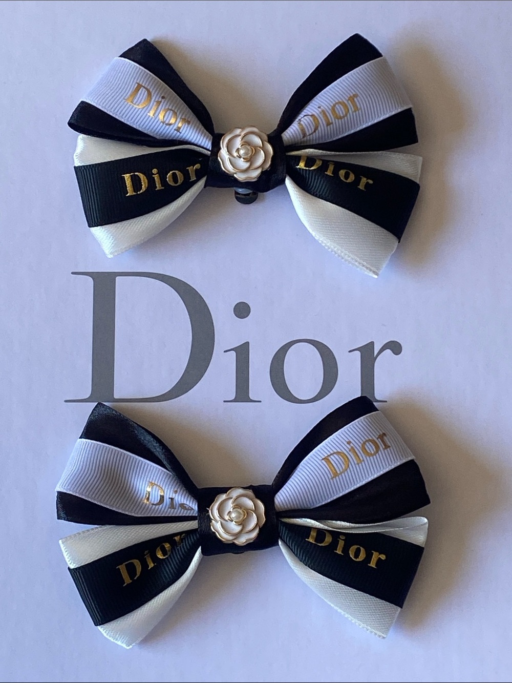 Dior Black & White Ribbon Bow Shoe Clips with Gold Logo & Flower Center Handmade